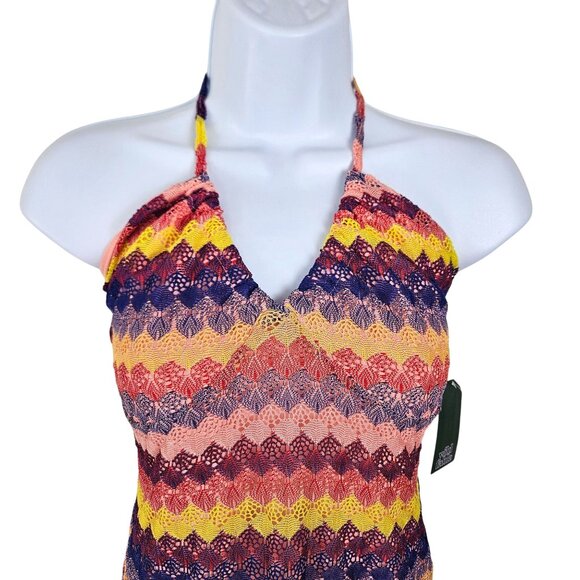 Wild Fable Womens Multicolor Halter Maxi Dress XS Back Tie Boho Crocheted Lined - Picture 5 of 11